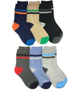 Jefferies Socks Boys Solid Color with Multi Stripe Tops Pattern Crew Socks 6 Pair Pack