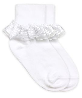 Jefferies Socks Girls Stripe Lace Turn Cuff White Socks 1 Pair