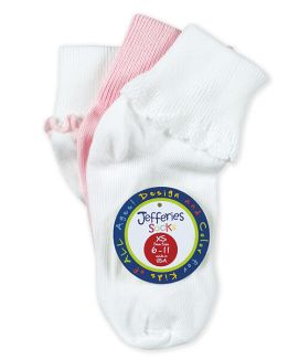 Jefferies Socks Girls Scalloped Turn Cuff Socks, Pink Turn Cuff Socks and White/Pink Ripple Edge Turn Cuff Socks 3 Pair Pack
