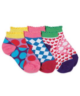 Jefferies Socks Girls Multi Pattern Low Cut Socks 3 Pair Pack with colorful designs that include polka dots, diamonds and hearts