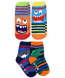 Jefferies Socks Boys Monster & Dinosaur Shark Fuzzy Non-Skid Slipper Socks 4 Pair Pack