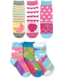 Jefferies Socks Girls Fruit Shark Fish Bugs Pattern Crew Socks 6 Pair Pack