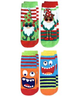 Jefferies Socks Boys Holiday Gnome Monster Stripe Fuzzy Non-Skid Slipper Socks 4 Pair Pack